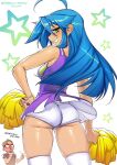  1boy 1girl absurdres ahoge ass back blood blue_hair breasts cheerleader dress glasses gofa green_eyes highres izumi_konata long_hair lucky_star nosebleed older pom_pom_(cheerleading) small_breasts smile star_(symbol) 