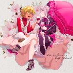  2girls aura_bella_fiora blonde_hair cherry_blossoms cup drinking_glass heterochromia holding holding_cup holding_umbrella k-ta multiple_girls otoko_no_ko overlord_(maruyama) red_eyes shalltear_bloodfallen umbrella white_hair wine_glass 