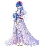  1girl blue_eyes blue_hair bridal_veil dress feather_trim fire_emblem fire_emblem:_the_binding_blade fire_emblem_heroes full_body gold_trim hair_ornament highres kaya8 lilina_(fire_emblem) long_hair non-web_source official_art sidelocks transparent_background veil wedding_dress white_dress 