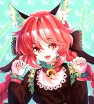  1girl animal_ears braid cat_ears dress eyebrows_visible_through_hair frilled_dress frilled_sleeves frills highres juliet_sleeves kaenbyou_rin long_sleeves mary_janes open_mouth puffy_sleeves red_eyes red_hair shoes solo sunnysideup touhou twin_braids 