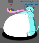  ambiguous_gender anthro belly big_belly candy candy_cat dessert dialogue domestic_cat eating feeding felid feline felis food hyper hyper_belly jude567 mammal obese overweight poppy_playtime sitting solo tongue tongue_out 