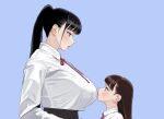  2girls black_eyes black_hair blush breasts brown_hair collared_shirt commentary_request couple eye_contact height_difference high-waist_skirt highres hiramedousa kissing_breast large_breasts lips long_hair long_sleeves looking_at_another multiple_girls neck_ribbon original parted_lips red_ribbon ribbon shirt shirt_tucked_in skirt white_shirt yuri 