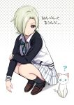  1girl blonde_hair cat deadnooodles grey_eyes hanpen_(nijigasaki) highres long_sleeves love_live! love_live!_nijigasaki_high_school_idol_club mia_taylor nijigasaki_academy_school_uniform one_eye_covered school_uniform short_hair sportswear squatting translation_request white_cat 