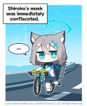  ... 1girl animal_ear_fluff animal_ears bag bangs bicycle black_footwear black_gloves blue_archive blue_eyes blue_sky cat_ears chibi cross_hair_ornament cycling_uniform donmin_h english_text eyebrows_visible_through_hair full_body gloves green_gloves grey_hair ground_vehicle hair_between_eyes hair_ornament hairclip halo holding jacket looking_at_viewer official_art shiroko_(blue_archive) shiroko_(cycling)_(blue_archive) shoes short_sleeves sky solo spoken_ellipsis standing tail watermark 