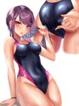  1girl absurdres ass bangs bare_arms bare_shoulders black_swimsuit blush breasts commentary commentary_request covered_navel gundou_mirei hair_ornament hairclip highres long_hair looking_at_viewer medium_breasts multiple_views nijisanji one-piece_swimsuit parted_lips purple_eyes purple_hair rai_(newtype_xm-x1) swimsuit thighs virtual_youtuber wet white_background 