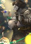  1boy 1girl animal_ears black_hair cat_ears cat_tail dancing dress eye_contact facial_mark fangs final_fantasy final_fantasy_xiv fur_trim grey_hair holding_hands hrothgar jewelry looking_at_another miqo&#039;te musical_note ring runar shin716 short_hair smile tail whisker_markings y&#039;shtola_rhul 