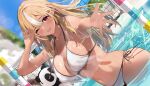  1girl ;) arm_up bangs bikini blonde_hair blurry blurry_background breasts cleavage dark-skinned_female dark_skin day dutch_angle elf eyebrows_visible_through_hair hair_between_eyes halterneck highres hololive kintsuba_(shiranui_flare) large_breasts long_hair looking_at_viewer multicolored_hair navel niii_(memstapak) one_eye_closed outstretched_arm pointy_ears red_eyes see-through shiranui_flare short_sleeves side-tie_bikini smile solo stomach streaked_hair string_bikini swimsuit virtual_youtuber volleyball_net wading water wet white_bikini white_hair 