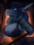  anthro big_breasts blue_body blue_eyes blue_fur blue_hair braided_hair breasts clothing digital_media_(artwork) fangs female fur general-irrelevant hair hi_res looking_at_viewer mammal out-of-placers smile solo webcomic yinglet 