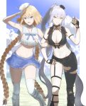  2girls absurdres alternate_costume arm_strap bangs bare_shoulders black_gloves black_headwear black_nails black_pants blonde_hair blue_eyes blue_skirt boots braid breasts cleavage eyebrows_visible_through_hair fate/grand_order fate_(series) fingerless_gloves gloves grey_footwear grey_hair hat highres jeanne_d&#039;arc_(fate) jeanne_d&#039;arc_alter_(fate) knee_boots large_breasts locked_arms long_hair looking_at_viewer miniskirt multiple_girls nail_polish navel outdoors pants parted_lips ponytail ryotarou_(seyana) skirt smile thighhighs thighhighs_under_boots thighs torn_clothes torn_pants very_long_hair white_gloves white_headwear white_legwear yellow_eyes 