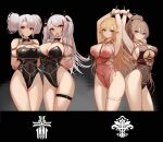  4girls absurdres alternate_costume armpits arms_behind_back arms_up azur_lane bdsm black_background black_leotard black_ribbon blonde_hair bondage bound bound_wrists breasts cleavage cleavage_cutout clothing_cutout crotch_rope curvy detached_collar double_bun grey_hair hair_ribbon highleg highleg_leotard highleg_swimsuit highres iris_libre_(emblem) iron_blood_(emblem) jean_bart_(azur_lane) large_breasts leg_garter leotard long_hair looking_at_viewer mouth_hold multicolored_hair multiple_girls official_alternate_costume prinz_adalbert_(azur_lane) prinz_eugen_(azur_lane) red_background red_eyes red_hair restrained ribbon richelieu_(azur_lane) richelieu_(fleuron_of_the_waves)_(azur_lane) shibari shibari_over_clothes simple_background standing streaked_hair swimsuit thigh_strap thighs two-tone_hair white_hair yuuraku_yuraku 