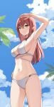  1girl arm_up armpits bare_arms bare_shoulders bikini blue_sky breasts cleavage cloud cowboy_shot day hand_on_hip highres kaetzchen large_breasts liliya_(kaetzchen) long_hair looking_at_viewer multi-strapped_bikini navel original outdoors red_hair shading_eyes sky smile solo standing stomach string_bikini swimsuit thighs white_bikini yellow_eyes 