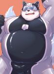  2022 anthro belly big_belly blush canid canine clothing help_me_uncle_hero! hi_res humanoid_hands kemono male mammal overweight overweight_male sawch_cls simple_background skinsuit solo tight_clothing visor 