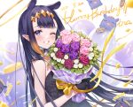  1girl bangs black_gloves blue_eyes blunt_bangs bouquet character_name clenched_teeth dark_blue_hair flower fur_choker gloves happy_birthday headpiece highres holding holding_bouquet hololive hololive_english long_hair looking_at_viewer mole mole_under_eye ninomae_ina&#039;nis one_eye_closed pink_flower pointy_ears purple_flower ribbon shiao smile solo tako_(ninomae_ina&#039;nis) teeth tentacle_hair upper_body virtual_youtuber white_flower yellow_ribbon 