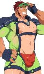  1boy akashi_(live_a_hero) akashi_(water_bullet)_(live_a_hero) bara bare_pectorals black_gloves bodysuit bulge clenched_teeth facial_hair fingerless_gloves gloves green_bodysuit hand_on_hip highres large_pectorals live_a_hero long_sideburns male_focus male_swimwear muscular muscular_male navel nipples official_alternate_costume pectorals red_hair red_male_swimwear ruizu_(takakisan503) scar scar_on_face scar_on_nose short_hair sideburns solo teeth visor_cap 