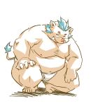  2022 anthro belly big_belly blue_hair blush gouryou hair humanoid_hands kemono lifewonders male mammal moobs nipples overweight overweight_male simple_background solo suid suina sus_(pig) takagi_kyou tokyo_afterschool_summoners video_games wild_boar 