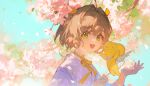  1girl blue_sky bow brown_hair cardcaptor_sakura child ciloranko green_eyes highres kero kinomoto_sakura open_mouth outdoors ribbon sky white_bow wings yellow_ribbon 