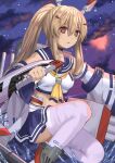  1girl ayanami_(azur_lane) azur_lane bangs bare_shoulders blue_sailor_collar blue_skirt blush breasts brown_eyes brown_hair closed_mouth cloud cloudy_sky commentary_request detached_sleeves eyebrows_visible_through_hair hair_between_eyes headgear holding holding_sword holding_weapon long_hair long_sleeves looking_at_viewer night night_sky pleated_skirt ponytail sailor_collar shirt skirt sky sleeveless sleeveless_shirt small_breasts solo splashing star_(sky) starry_sky sword thighhighs tukino_neru very_long_hair water weapon white_legwear white_shirt white_sleeves wide_sleeves 