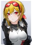 1girl bandana bangs blonde_hair border closed_mouth day_(user_aasx8552) goggles goggles_on_head grey_background highres hololive hololive_indonesia kaela_kovalskia long_hair looking_at_viewer red_bandana red_eyes simple_background solo two-tone_dress virtual_youtuber white_border 