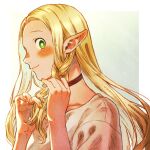  1girl blonde_hair blush braid braiding_hair choker closed_mouth dungeon_meshi elf flatamany from_side green_eyes hair_around_ear hairdressing hands_up long_hair looking_at_viewer marcille outside_border pointy_ears portrait profile side_braid smile solo straight_hair yellow_nails 
