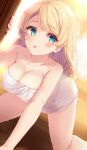  1girl ahoge bangs blonde_hair blue_eyes blurry blurry_background blush breasts cleavage collarbone commentary_request crawling eyebrows_visible_through_hair hand_on_wall komone_ushio large_breasts light long_hair looking_to_the_side naked_towel open_mouth original solo towel 