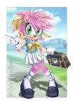  2022 alpha_channel amy_rose anthro black_clothing black_footwear black_nose black_shoes border clothed clothing digital_media_(artwork) eulipotyphlan female footwear gloves green_eyes hair handwear hedgehog hi_res holding_object looking_at_viewer mammal metalpandora open_mouth open_smile pink_hair school_uniform sega short_hair signature smile socks solo sonic_the_hedgehog_(series) transparent_border uniform white_clothing white_footwear white_gloves white_handwear white_socks 