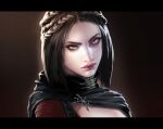  1girl braid brown_hair capelet choker cleavage_cutout clothing_cutout glowing glowing_eyes hood hooded_capelet realistic serana short_hair shuten_(project_sky) slit_pupils solo_focus the_elder_scrolls the_elder_scrolls_v:_skyrim vampire yellow_eyes 