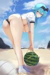  1girl absurdres ass beach bent_over black_bow blue_hair blue_sky blurry blush bow breasts buruma closed_mouth cloud crop_top depth_of_field dolri dripping eula_(genshin_impact) food fruit full_body genshin_impact hair_bow highres holding holding_food holding_fruit large_breasts legs lifting long_hair outdoors shirt sky socks solo sweat thighs underboob v-shaped_eyes volleyball water watermelon white_shirt yellow_eyes 