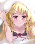  1girl bangs banned_artist bed_sheet black_camisole blonde_hair blush breasts camisole collarbone commentary_request eyebrows_visible_through_hair hand_up long_hair looking_at_viewer lying on_stomach original red_eyes red_ribbon ribbon small_breasts solo suihi under_covers white_background 