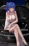  absurdres azur_lane bag bare_shoulders blue_hair blue_nails breasts car character_name cleavage collarbone crossed_legs dress earrings evening_gown ground_vehicle hair_ornament hairclip handbag high_heels highres jewelry large_breasts motor_vehicle nail_polish necklace night pink_eyes plunging_neckline revealing_clothes side_ponytail sidelocks silver_dress silver_footwear sitting_on_car sparkle st._louis_(azur_lane) st._louis_(luxurious_wheels)_(azur_lane) toenail_polish toenails u_leisurely 