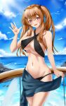  1girl :d bikini black_bikini black_bow blue_sarong bow cloud day eyebrows_visible_through_hair girls&#039;_frontline hair_bow hair_ornament hairclip highres hoppo long_hair orange_hair red_eyes sarong scar scar_across_eye smile solo swimsuit twintails ump9_(girls&#039;_frontline) 