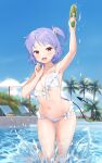  1girl :d arm_up armpits bare_arms bare_shoulders bikini breasts cleavage demon_tail fang frilled_bikini frills front-tie_bikini front-tie_top hair_ornament hand_up holding large_breasts looking_at_viewer navel one_side_up open_mouth original pool purple_hair red_eyes sekiya_asami short_hair smile solo stomach string_bikini swimsuit tail thighs wading water water_gun white_bikini 