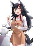  absurdres animal_ear_fluff animal_ears apron black_hair cooking highres holding holding_ladle hololive kajitsu_no_hito ladle looking_at_viewer multicolored_hair ookami_mio red_hair streaked_hair tail virtual_youtuber white_hair wolf_ears wolf_girl wolf_tail 