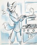  anthro apron canid canine clothing cooking detailed_background fur hi_res kitchen male mammal maned_wolf open_mouth open_smile ribbontini signature smile solo standing tail_motion tailwag vulpesvant_(character) 