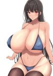  1girl bikini black_hair black_legwear blue_bikini breasts cleavage covered_nipples gigantic_breasts highres huge_breasts long_hair minato81345 navel original red_eyes simple_background sitting solo string_bikini swimsuit thighhighs white_background 