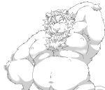  2022 anthro armpit_hair belly body_hair felid hi_res kemono lion male mammal monochrome moobs musclegut navel nipples one_eye_closed overweight overweight_male pantherine simple_background solo suishou0602 wink 