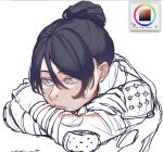  1girl apex_legends black_hair blue_eyes color_picker crossed_arms hair_behind_ear hair_bun highres imazumi_you leaning_forward nose_piercing partially_colored piercing sketch solo unfinished white_background wraith_(apex_legends) 