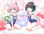  2girls animal_ear_fluff animal_ears arm_up arms_up barefoot black_hair blue_eyes blue_swimsuit cat_ears cat_girl cat_tail child clenched_hands fang feet green_eyes highres kneeling legs looking_at_viewer multiple_girls name_tag one-piece_swimsuit open_mouth original paw_pose pillow pink_hair rabbit_ears rabbit_girl rabbit_tail school_swimsuit short_hair sitting smile strap_slip stuffed_toy swimsuit tail thighs toes yamada_yamao 
