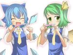  2girls :d ^_^ bangs blue_bow blue_dress blue_hair blush bow cirno closed_eyes collared_shirt commentary_request daiyousei dress fairy_wings fang green_eyes green_hair hair_bow hair_ribbon holding ice ice_wings looking_at_viewer multiple_girls necktie nori_(arinomamani) open_mouth pinafore_dress pointing pregnancy_test puffy_short_sleeves puffy_sleeves ribbon shirt short_hair short_sleeves sidelocks smile touhou upper_body white_shirt wings yellow_necktie yellow_ribbon 