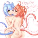  2girls :3 absurdres ahoge animal_ear_fluff animal_ears ass atlanta_(warship_girls_r) back blue_hair blush breasts brown_eyes cat_ears cat_girl cat_tail collarbone completely_nude eyebrows_visible_through_hair hair_ribbon happy_birthday highres juneau_(warship_girls_r) looking_at_viewer looking_back medium_hair multiple_girls multiple_tails nude one_eye_closed orange_hair ribbon signature simple_background tail tail_censor thick_eyebrows two_tails warship_girls_r white_background william.b yellow_eyes yuri 