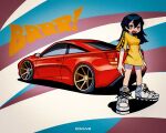  1girl artist_name black_hair blush bokuya breasts brown_eyes car ground_vehicle highres long_hair looking_at_viewer medium_breasts motor_vehicle open_hands original shirt shoes sneakers sports_car tail_lights toon_(style) toyota toyota_celica white_footwear yellow_shirt 