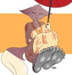  5_toes anthro asian_clothing big_breasts blush breasts canid canine cleavage clothed clothing east_asian_clothing eyes_closed feet female fennec foot_focus fox hi_res howsplendid huge_breasts humanoid_feet japanese_clothing kimono kimota looking_at_viewer mammal open_mouth open_smile parasol sitting smile solo toes 
