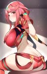  1girl absurdres ass bangs bare_back breasts butt_crack enishi96 fingerless_gloves gloves headpiece highres huge_breasts looking_at_viewer pyra_(xenoblade) red_eyes red_hair red_legwear red_shorts short_hair short_shorts shorts sitting sweat swept_bangs thick_thighs thighhighs thighs tiara xenoblade_chronicles_(series) xenoblade_chronicles_2 