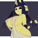  1:1 2022 animal_crossing ankha_(animal_crossing) anthro areola areola_slip big_breasts blue_hair breasts clothing domestic_cat felid feline felis female hair hi_res kaxiota looking_at_viewer mammal nintendo nipple_outline solo uraeus video_games yellow_body 