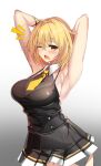  1girl ahoge armpits arms_up bare_shoulders blonde_hair blush bra_strap elze_(s01047480836) haru_estia highres looking_at_viewer necktie one_eye_closed pleated_skirt short_hair skirt sleeveless solo soul_worker yellow_eyes 