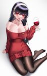  1girl :d absurdres alcohol bangs bare_shoulders black_hair black_legwear blush breasts cleavage collarbone commentary cup dress drinking_glass drunk earrings eternity_(shadeh) foot_out_of_frame gold_earrings hairband hand_up highres jewelry large_breasts long_hair long_sleeves looking_at_viewer off-shoulder_sweater off_shoulder open_mouth pantyhose red_eyes red_sweater sidelocks sitting smile solo spy_x_family straight_hair sweater sweater_dress thighs white_hairband wine wine_glass yokozuwari yor_briar 