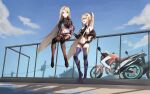  2girls black_gloves black_shorts blonde_hair blue_sky boots bottle breasts building chinese_commentary clothing_cutout cloud constellation_(warship_girls_r) day elbow_gloves gloves ground_vehicle hair_ornament hairclip high_ponytail holding holding_bottle large_breasts long_hair micro_shorts midriff motor_vehicle motorcycle multiple_girls navel outdoors railing saratoga_(warship_girls_r) shorts shoulder_cutout sideboob sidelocks sitting sky standing thigh_boots thighhighs underboob utility_pole very_long_hair warship_girls_r water_bottle x_hair_ornament xueci 