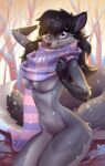  anthro big_tail breasts canid canine canis female fur glistening glistening_eyes greyfur hand_behind_head hi_res holivi mammal mostly_nude plant scarf sitting snow snowing solo tree wolf 
