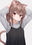  1girl adjusting_hair animal_ears anz32 brown_hair camisole camisole_over_clothes cat_ears cat_girl cat_tail expressionless long_sleeves looking_at_viewer medium_hair original red_eyes shirt tail 