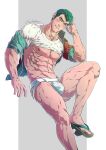  1boy abs artist_name bara bare_pectorals black_hair blush bulge closed_mouth clothes_lift evinist geta highres jacket jockstrap large_pectorals looking_at_viewer male_focus male_underwear muscular muscular_male navel nipples norman_(pokemon) one_eye_closed open_clothes open_jacket pectorals pokemon pokemon_(game) pokemon_rse red_jacket shirt shirt_lift short_hair solo thighs underwear white_male_underwear white_shirt 