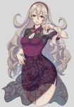  1girl alternate_costume bangs breasts cleavage corrin_(fire_emblem) corrin_(fire_emblem)_(female) dress fire_emblem fire_emblem_fates hair_between_eyes hairband headband highres karashino long_hair looking_at_viewer nail_polish open_mouth pointy_ears red_eyes red_nails see-through simple_background smile solo thick_thighs thighs wavy_hair white_hair wide_hips 